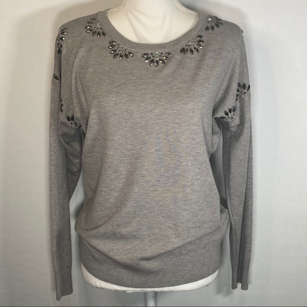 Vila Milano Gray Embellished Crew Neck Sweater NWT